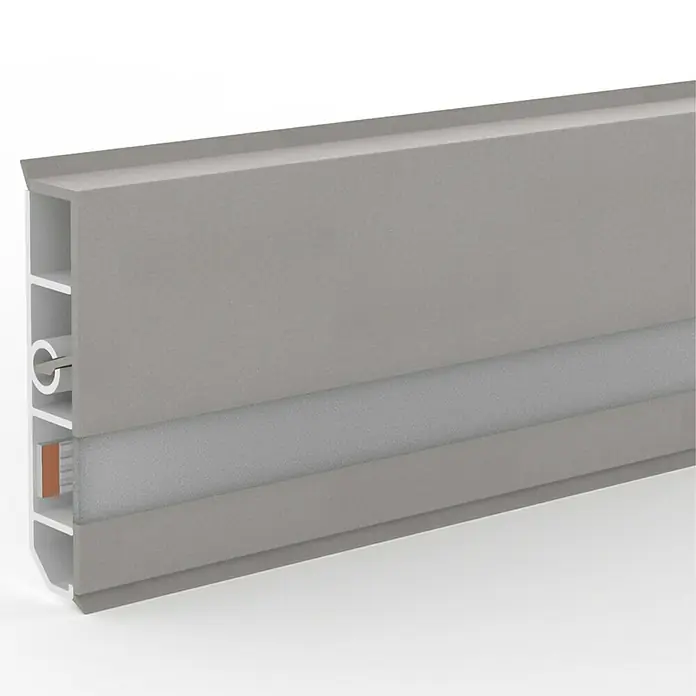 Deckprofil Cubica LS80 Light Down - Aluminium, 2,5 m x 19 mm x 80 mm - Nahaufnahme einer grauen Türdichtung mit Bürstendichtung. Die Türdichtung ist für eine optimale Abdichtung konzipiert.