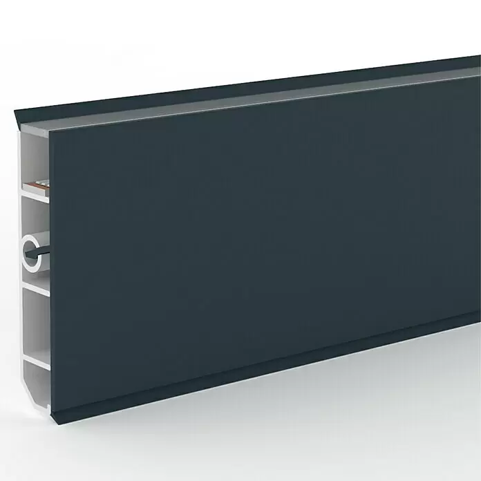 Deckprofil Cubica LS80 Light Up - Anthrazit, 2,5 m x 19 mm x 80 mm - Dunkelgraues Profil für Wand oder Sockel, mit sichtbarer weißer Innenstruktur.