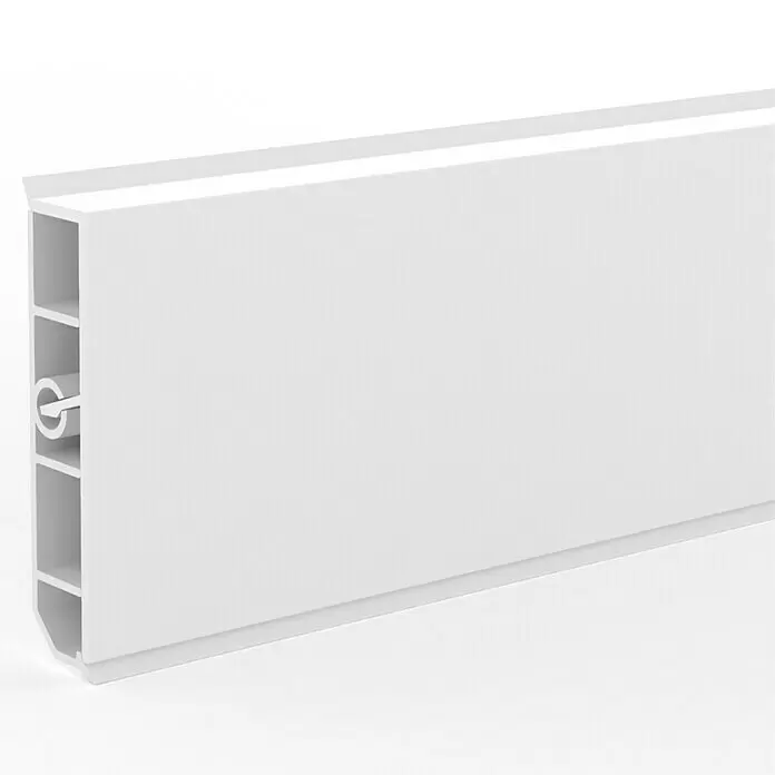 Deckprofil Cubica LS80 No Light - Weiß, 2,5 m x 19 mm x 80 mm - Weißes Kunststoffprofil mit Innenkammern, geeignet für verschiedene Bau- und Endanwendungen.