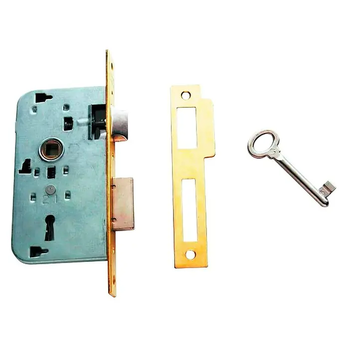 Tesa Assa Abloy Cerradura empotrable para puerta 20024VIHL - Ancho: 20 mm, Cerradura embutida - Primer plano de una cerradura de embutir con llave y bocallave, perfecta para proyectos de seguridad y bricolaje.