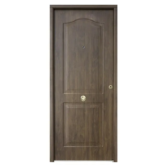 THT Puerta de entrada exterior Saga 100 - 90 x 210 cm, Izquierda, Roble Viejo - Primer plano de una puerta de madera marrón con herrajes, que transmite una sensación de calidez y seguridad.