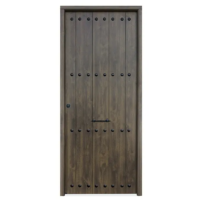 THT Puerta de entrada exterior Saga 100 Rústica - 90 x 210 cm, Derecha, Roble Rústico - Puerta de madera de estilo rústico con herrajes y remaches. El diseño de la puerta es robusto y atractivo, ideal para interiores y exteriores.
