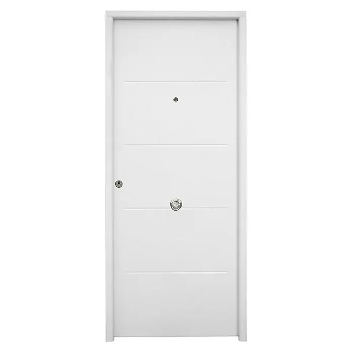 THT Puerta de entrada exterior Saga 100 Ranurada - Derecha, 90 x 210 cm, Blanco - Puerta blanca con líneas horizontales, mirilla y pomo plateado, que ofrece una entrada moderna y segura.
