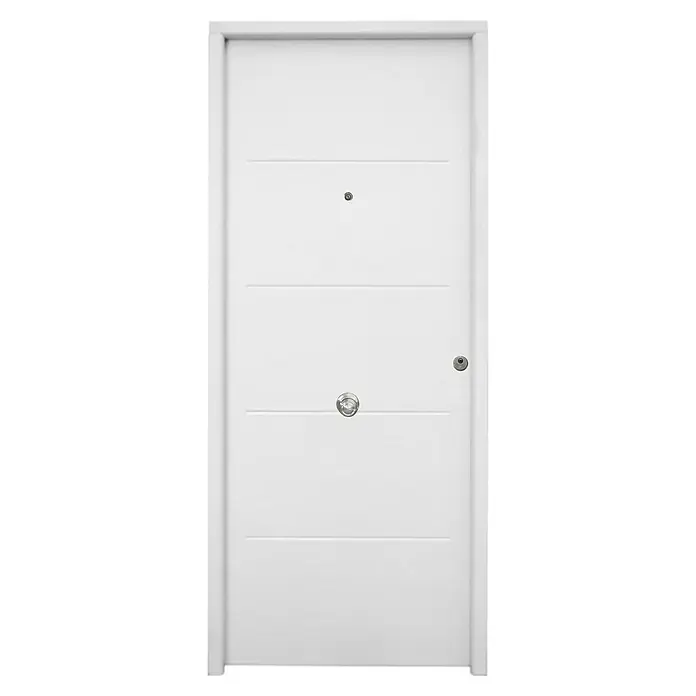 THT Puerta de entrada exterior Saga 100 Ranurada - Izquierda, 90 x 210 cm, Blanco - Elegante puerta blanca con líneas de acento horizontales, mirilla y manija moderna, ideal para un hogar con estilo.
