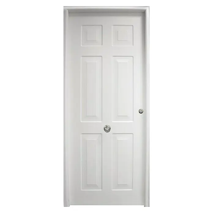 THT Puerta de entrada exterior lacada Saga M100 Yedra - 90 x 210 cm, Izquierda, Blanco Lacado - Primer plano de una puerta blanca de seis paneles con herrajes plateados, ideal para interiores modernos.