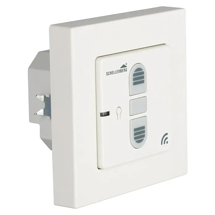 Schellenberg Smart Home Interruptor de recepción por radio - 80 x 80 x 40 mm, Blanco, Montaje enrasado - Primer plano de un transmisor de pared de radio Schellenberg Smart Home blanco para persianas enrollables.