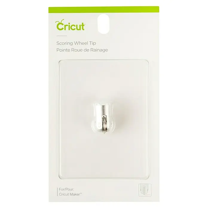 Cricut Maker Plotter-Werkzeug Rill- & Falz-Werkzeug Quickswap - Passend für: Cricut Maker Schneideplotter - Nahaufnahme der Cricut Scoring Wheel Tip-Verpackung, einem Zubehörteil für Cricut Maker Schneideplotter.