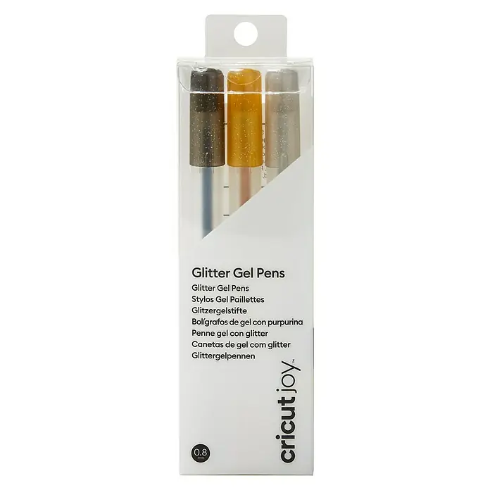 Cricut Joy Gelroller-Set Medium Gel Pen Glitter - 3 Stk., Glitzerschwarz/Glitzergold/Glitzersilber, 0,8 mm - Packung Glitter Gelstifte von Cricut Joy in den Farben Gold, Silber und Bronze. Die Stifte sind in einer durchsichtigen Kunststoffverpackung.