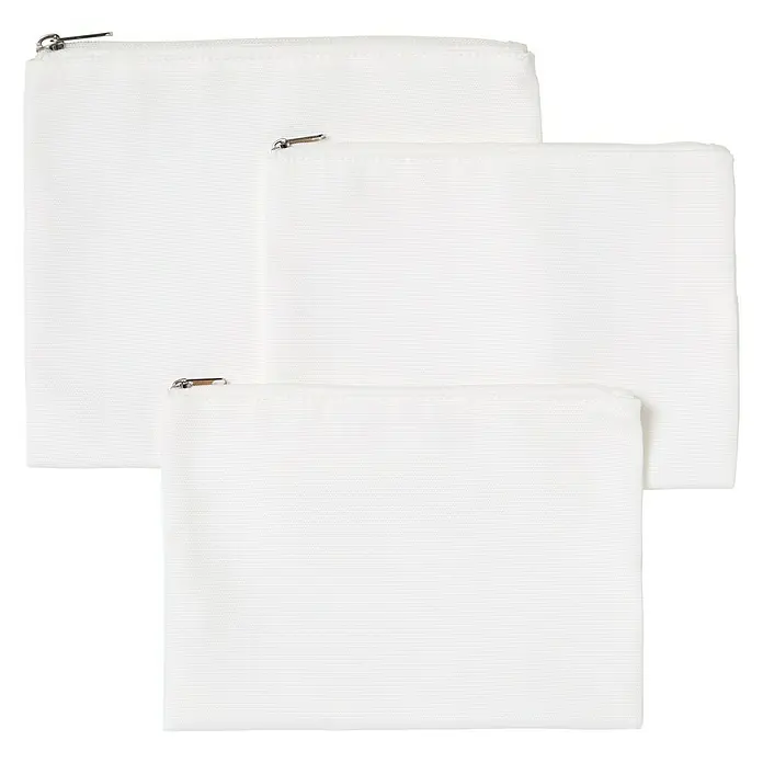 Cricut Kosmetiktaschen-Set für Infusible Ink - 3 -tlg., Creme, 100 % Polyester - Drei weiße Kosmetiktaschen aus Stoff mit Reißverschluss in verschiedenen Größen für Reisen und den täglichen Gebrauch.