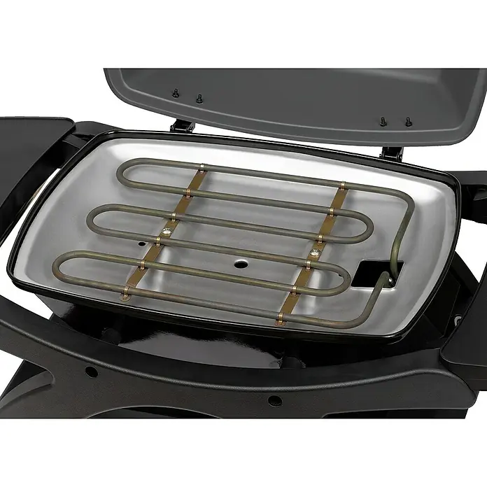 Tepro Elektrogrill Abington - Grillfläche (B x T): 47 x 35 cm, 2,3 kW - Nahaufnahme eines Weber Elektrogrills mit geöffnetem Deckel, der das Heizelement und die Grillfläche zeigt.