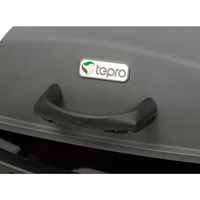 Tepro Elektrogrill Abington - Grillfläche (B x T): 47 x 35 cm, 2,3 kW - Dunkelgrauer Grilldeckel mit strukturierter Oberfläche, schwarzem Griff und weißem 'tepro'-Logo.