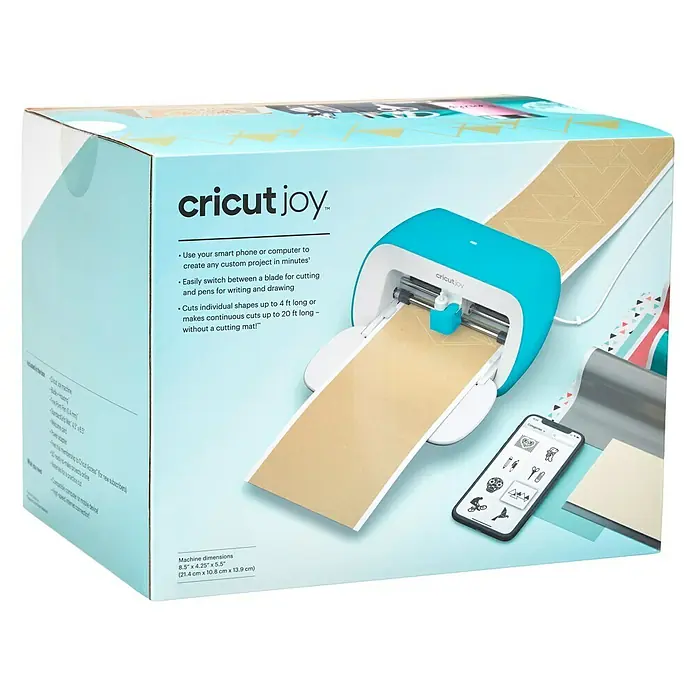 Cricut Joy Schneideplotter Smarte Schneide- und Zeichenmaschine - Türkis/Weiß, Bluetooth, Schnittbreite: 10,4 cm, Schnittlänge: 1,2 m - Eine Cricut Joy Schneidemaschine in ihrer Verpackung. Kompakt, benutzerfreundlich & ideal für schnelle Bastelprojekte mit Smartphone oder Computer.