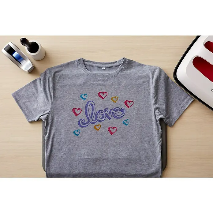 Cricut Filzstift-Set Fine Pen Infusible InkPflaume/Pfauenblau/Dunkelrosa/Olive/Bordeaux, 0,4 mm - Ein graues T-Shirt mit der Aufschrift "Love" umgeben von bunten Herzen, liegt neben einer Fusselrolle und einer Transferpresse auf einem Holztisch.