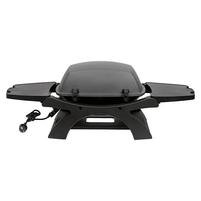 Tepro Elektrogrill Abington - Grillfläche (B x T): 47 x 35 cm, 2,3 kW - Hier ist ein grauer Elektrogrill mit schwarzen Seitentischen, ideal für Grillabende im Freien.