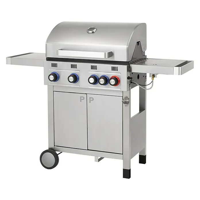 Tepro Gasgrill WellingtonGrillfläche (B x T): 66 x 38 cm, 14,2 kW, Anzahl Brenner: 4 - Silberner Gasgrill mit Deckel, Knöpfen, Seitentischen und Unterschrank für den Außenbereich.