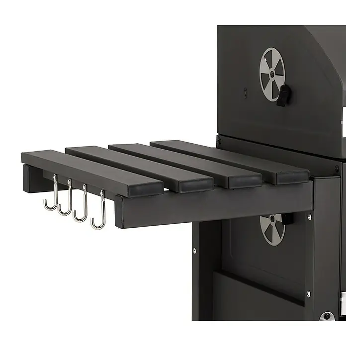 Tepro Hybrid-Grill Toronto Kombi - Grillfläche (B x T): 38,5 x 41,3 cm, 8,7 kW, Anzahl Brenner: 3 - Nahaufnahme eines schwarzen Grills mit Ablagefläche und Haken, ideal für Grillutensilien.