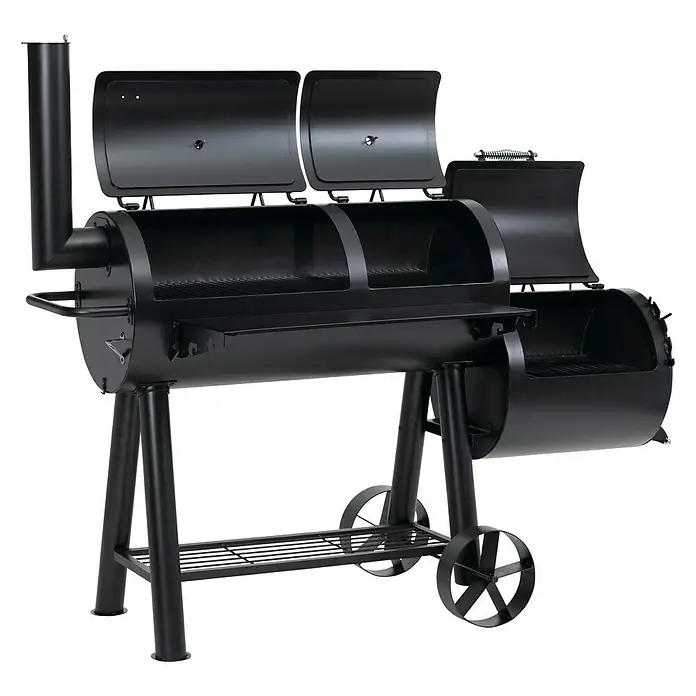 Tepro Smoker Indianapolis - Grillfläche (B x T): 97,5 x 44 cm - Abbildung eines schwarzen Offset-Smokers mit offenen Deckeln, der seine Grillroste und das Design zeigt.