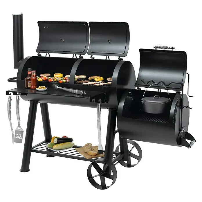 Tepro Smoker Indianapolis - Grillfläche (B x T): 97,5 x 44 cm - Ein vielseitiger Holzkohlegrill mit reichlich Platz zum Grillen und Räuchern. Der Grill verfügt über Ablageflächen und Räder für Mobilität.