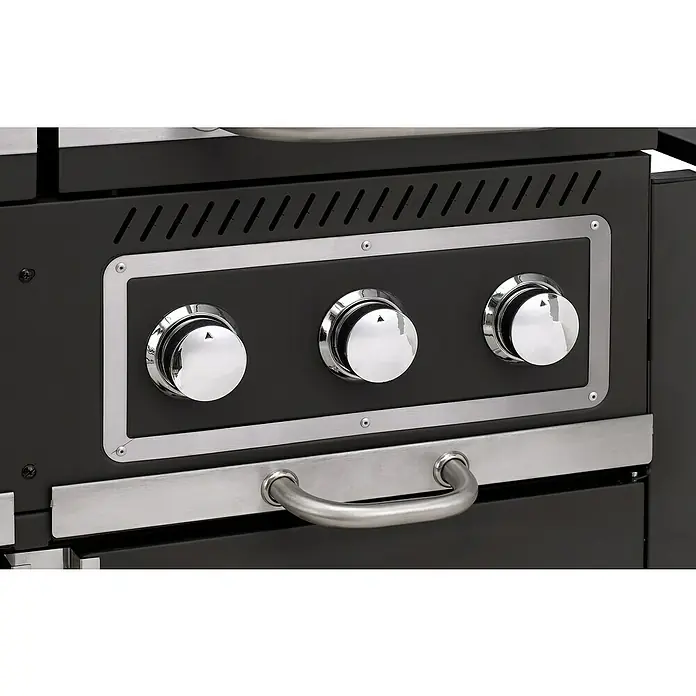 Tepro Hybrid-Grill Toronto Kombi - Grillfläche (B x T): 38,5 x 41,3 cm, 8,7 kW, Anzahl Brenner: 3 - Nahaufnahme eines schwarzen Küchenherds mit drei silbernen Drehknöpfen und einem Griff, der ein elegantes und funktionales Design zeigt.