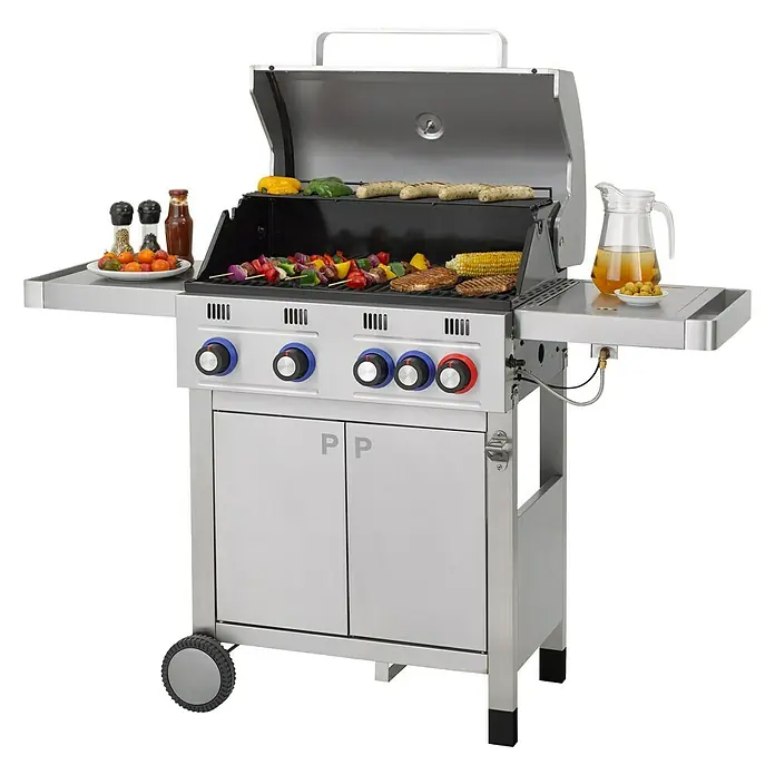 Tepro Gasgrill WellingtonGrillfläche (B x T): 66 x 38 cm, 14,2 kW, Anzahl Brenner: 4 - Grill mit geöffnetem Deckel und Speisen darauf. Es gibt Grillspieße, Maiskolben, Fleischstücke, Wurst und Gemüse. Getränke und Gewürze stehen bereit.