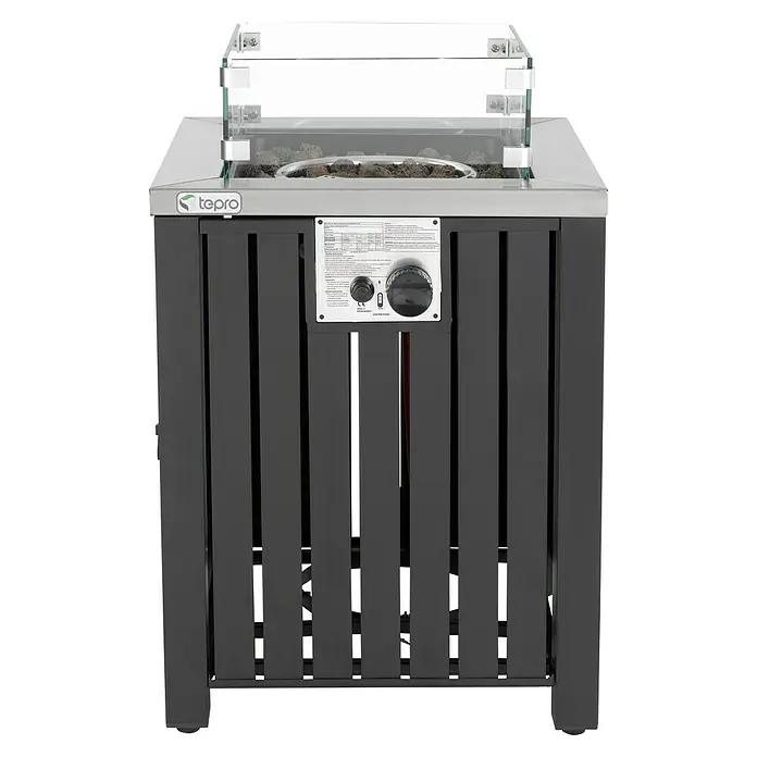 Tepro Feuerstelle Topeka - 50 x 50 x 78 cm, Metall - Nahaufnahme einer Tepro Feuerstelle mit Windschutz und Lavasteinen, das Bedienfeld ist gut sichtbar.