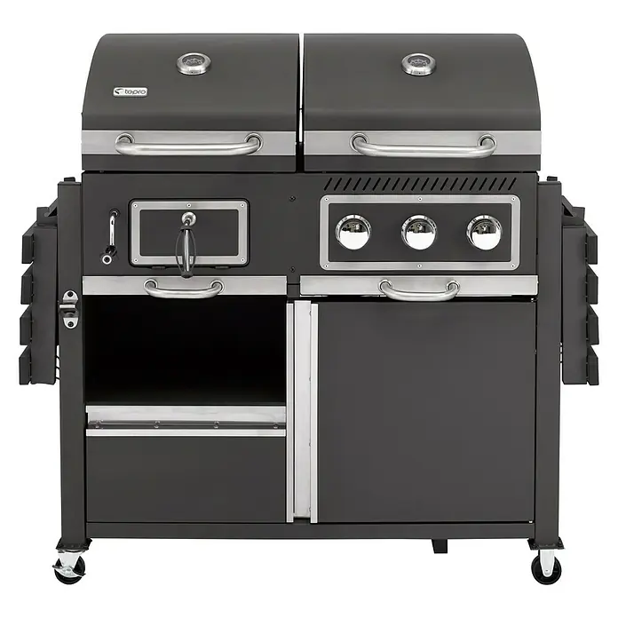 Tepro Hybrid-Grill Toronto Kombi - Grillfläche (B x T): 38,5 x 41,3 cm, 8,7 kW, Anzahl Brenner: 3 - Ein luxuriöser Tepro Holzkohlegrill mit praktischen Funktionen und viel Stauraum für ein optimales Grillerlebnis im Freien.
