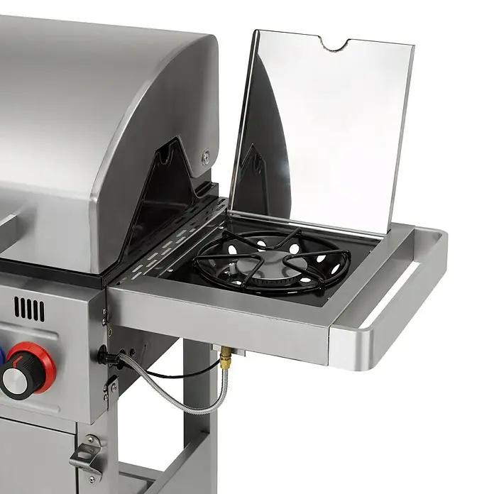 Tepro Gasgrill WellingtonGrillfläche (B x T): 66 x 38 cm, 14,2 kW, Anzahl Brenner: 4 - Nahaufnahme eines stilvollen Gasgrills mit Seitenbrenner, ideal für kulinarische Erlebnisse im Freien.