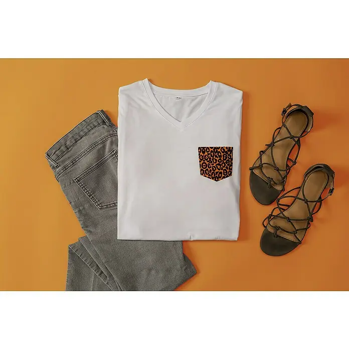 Cricut Transferfolie Infusible Ink - 4 Stk., Animal Prints, L x B: 30,5 x 30,5 cm - Lässiges Outfit mit einem weißen V-Ausschnitt-T-Shirt mit Leopardenmuster-Tasche, grauen Jeans und schwarzen Sandalen.
