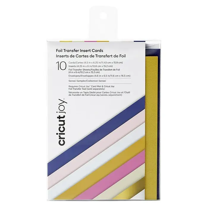 Cricut Joy Einlegekarten-Set Foil Transfer Insert Cards - Sensei Sampler/Collection Sensei, 10 -tlg., 11,7 x 15,9 cm - Produktverpackung: Cricut Joy Foil Transfer Insert Cards (Sensei Sampler) mit 10 Karten, Einsätzen, Folienblättern und Umschlägen.