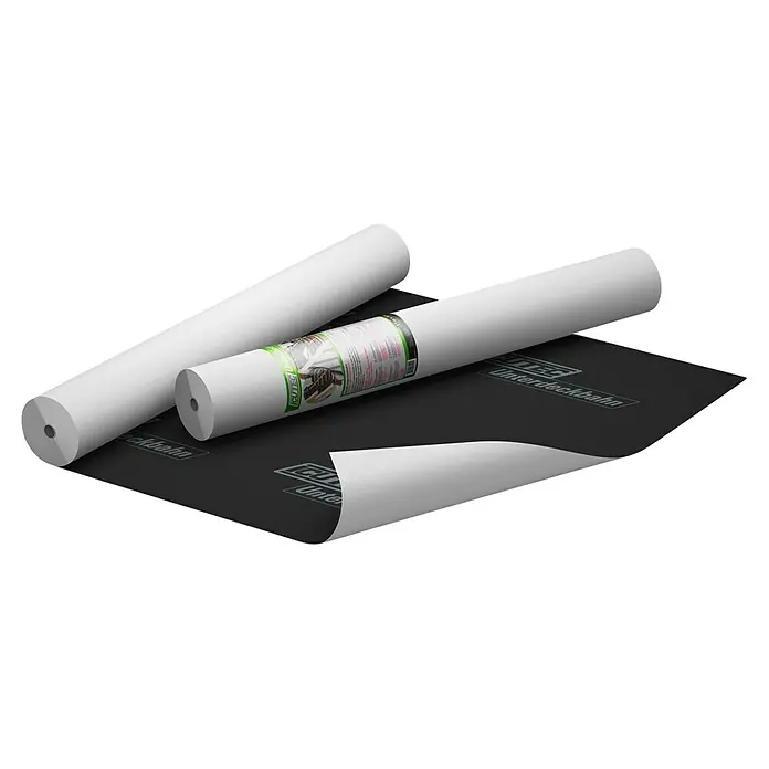 Icutec Dachunterdeckbahn - 25 m², 25 x 1 m, Polyolefin - Drei Rollen Unterdeckbahn, eine davon teilweise ausgerollt auf einer schwarzen Fläche mit dem Schriftzug "Unterdeckbahn".