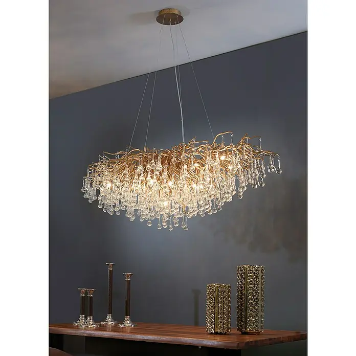 Paul Neuhaus Lámpara colgante LED Icicle - 58 W, L x An x Al: 69,5 x 69,5 x 8,9 cm, Blanco, Blanco cálido - Elegante lámpara de techo dorada con gotas de cristal claras, creando un acento lujoso y elegante.