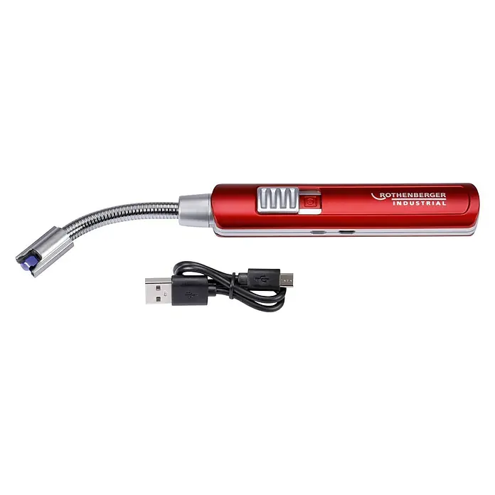 Rothenberger Industrial Stabanzünder - Akkubetrieben - Ein roter Rothenberger Industrial Lichtbogenanzünder mit flexiblem Hals und USB-Ladekabel für vielseitige Anwendungen.