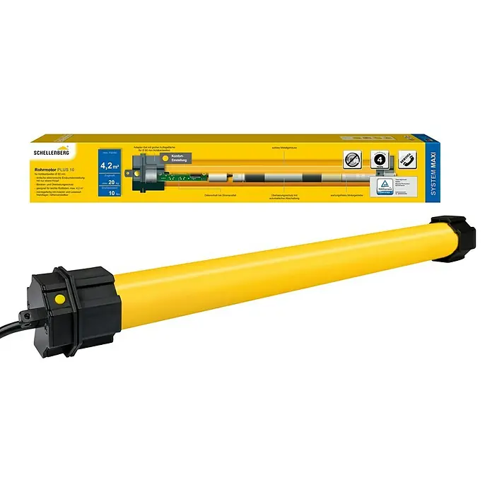 Schellenberg Motor tubular Maxi Plus - Superficie de persiana enrollable máx.: 4,2 m² para persianas de plástico, Longitud de instalación: 555 mm, Fuerza de tracción: 20 kg - Imagen del motor tubular Schellenberg PLUS 10, un motor tubular amarillo para persianas enrollables de hasta 4,2 m² con detección de obstáculos.