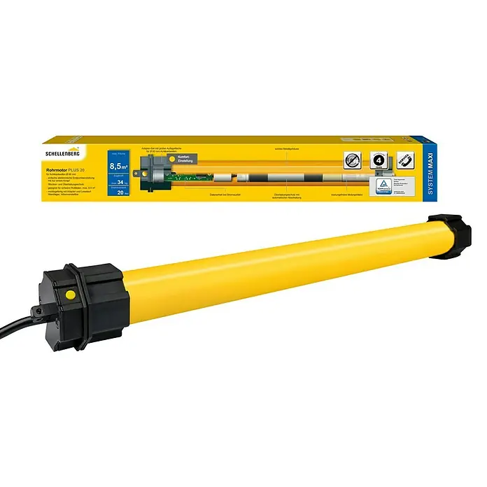 Schellenberg Rohrmotor Maxi Plus 20Max. Rollladenfläche: 8,5 m² bei Kunststoffrollläden, Einbaulänge: 555 mm, Zugkraft: 34 kg - Rohrmotor PLUS 20 von Schellenberg, ideal für Rollläden bis 8,5 m², inklusive elektronischer Endlagenprogrammierung und Überlastungsschutz.