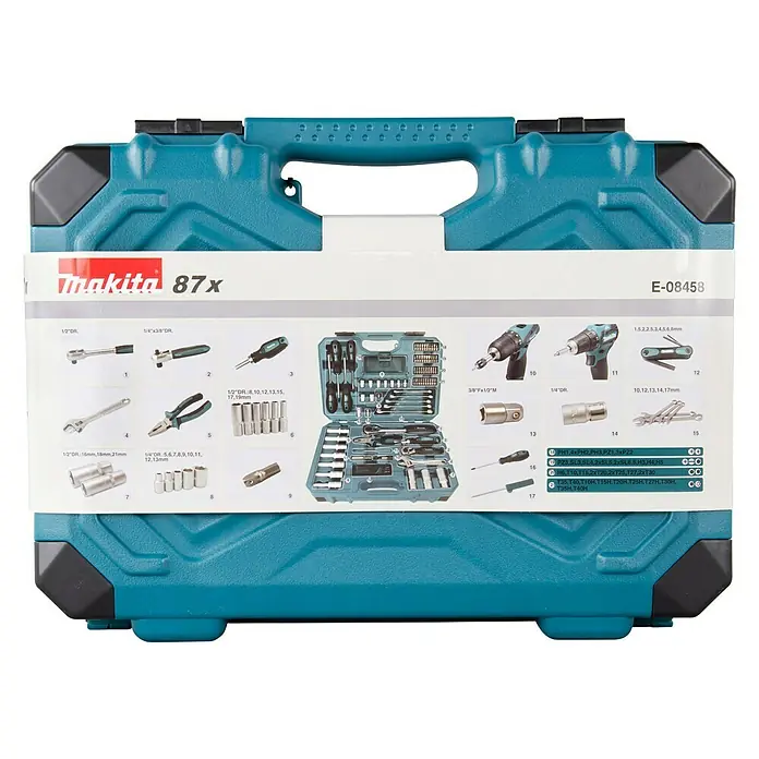 Makita Werkzeugkoffer E-08458 - L x B x H: 312 x 420 x 130 mm, 87 -tlg. - Makita 87x Werkzeugkoffer, ein umfassendes Set für Heimwerker und Profis. Robuste Aufbewahrung und vielseitige Werkzeuge für diverse Anwendungen.