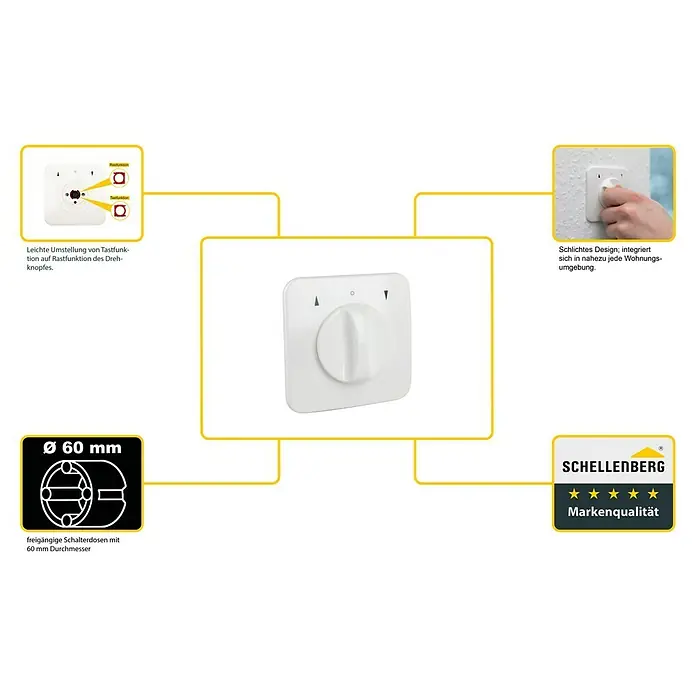 Schellenberg Interruptor para persianas - Botón giratorio, Específico para: Persianas, toldos y estores motorizados - Detalles del producto: Temporizador Schellenberg para persianas enrollables con botón giratorio y fácil cambio de función momentánea a enclavamiento.