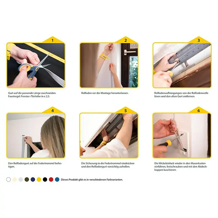 Schellenberg Cinta para persiana - Beige, Largo: 6 m, Anchura de la correa: 23 mm, Polipropileno - Guía visual para instalar una correa de persiana enrollable, disponible en varios colores. Instrucciones paso a paso desde el corte hasta el montaje.