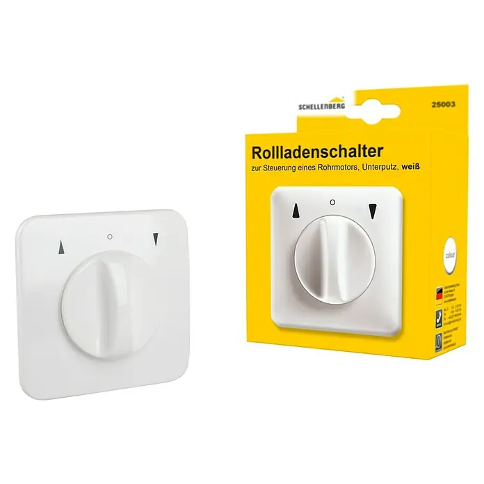 Schellenberg Interruptor para persianas - Botón giratorio, Específico para: Persianas, toldos y estores motorizados - Interruptor de persiana enrollable para controlar motores tubulares, empotrado, blanco. Incluye embalaje amarillo.