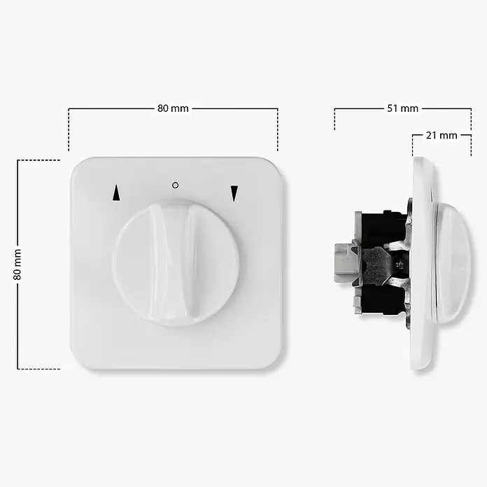Schellenberg Interruptor para persianas - Botón giratorio, Específico para: Persianas, toldos y estores motorizados - Representación de un interruptor rotatorio blanco con dimensiones para su base cuadrada y su perfil, ideal para reparaciones de electrodomésticos.