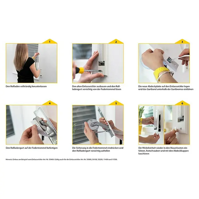 Schellenberg Recogedor de cinta de persiana - Distancia entre orificios: 105 mm, Anchura de la correa: 23 mm, Máx. Longitud de la cinta: 5 m - Imagen 1-6: Instrucciones para instalar un enrollador de persiana, desde el desmontaje del antiguo hasta la instalación del nuevo.
