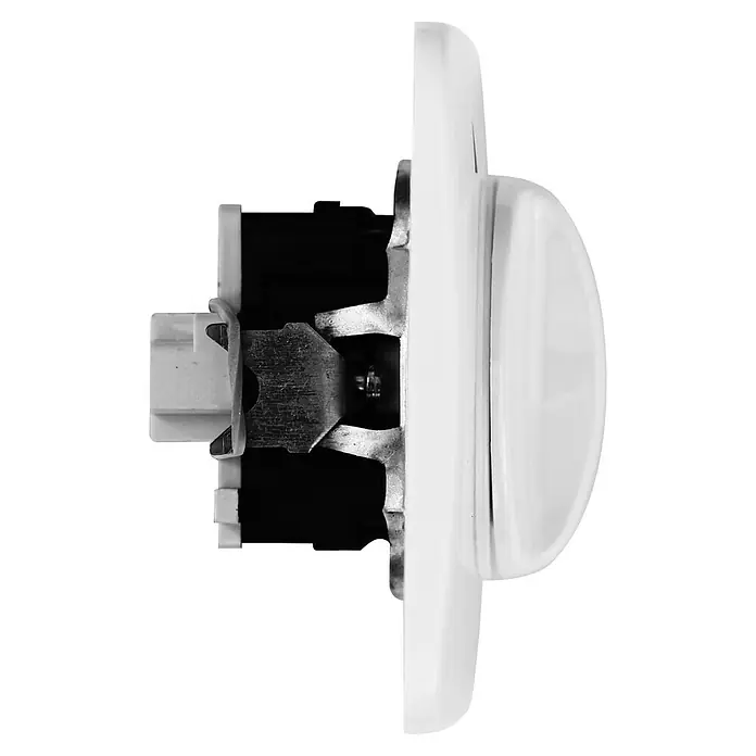 Schellenberg Interruptor para persianas - Botón giratorio, Específico para: Persianas, toldos y estores motorizados - Vista lateral de un interruptor de luz individual, redondo y blanco con mecanismos internos negros, montado sobre una superficie negra.