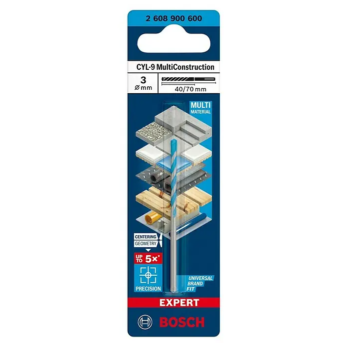 Bosch Broca universal CYL-9 MultiConstruction - Diámetro de la broca: 3 mm, Longitud de trabajo: 40 mm, 1 ud. - Broca Bosch CYL-9 MultiConstruction de 3 mm de diámetro, ideal para diversos materiales y trabajos de perforación precisos.