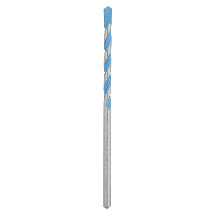 Bosch Broca universal CYL-9 MultiConstruction - Diámetro de la broca: 3 mm, Longitud de trabajo: 40 mm, 1 ud. - Imagen de alta resolución de una fresa de extremo con ranuras helicoidales azules sobre un fondo oscuro neutro.