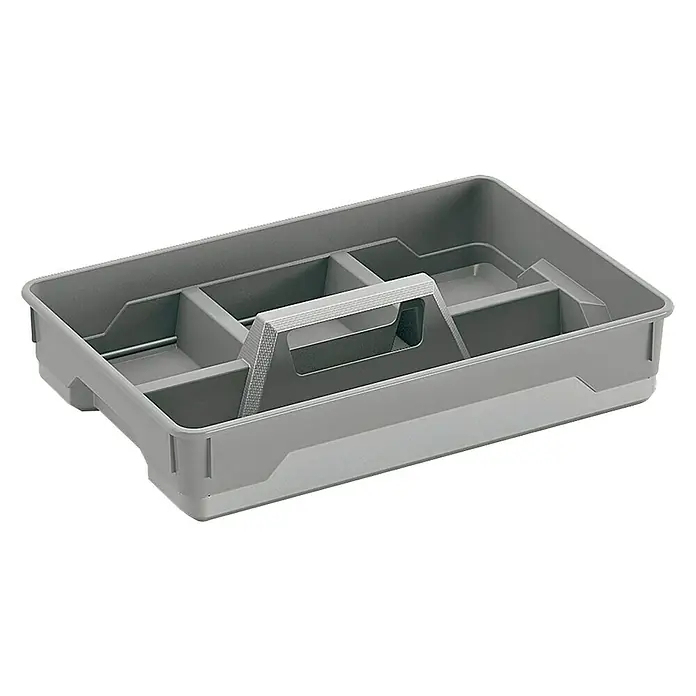 Keter Bandeja Moover Box - L x An x Al: 34 x 26 x 6 cm, Específico para: Keter Moover Box XS/S - Una cesta de almacenamiento gris con múltiples compartimentos y un asa central, ideal para organizar objetos en el hogar o la oficina.