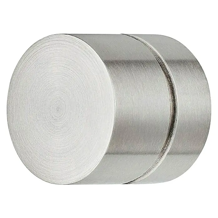 Häfele Pomo para muebles 491.00.782 - Ø x Al: 28 x 28 mm - Primer plano de un pomo de puerta redondo de acero inoxidable cepillado con un acabado liso.