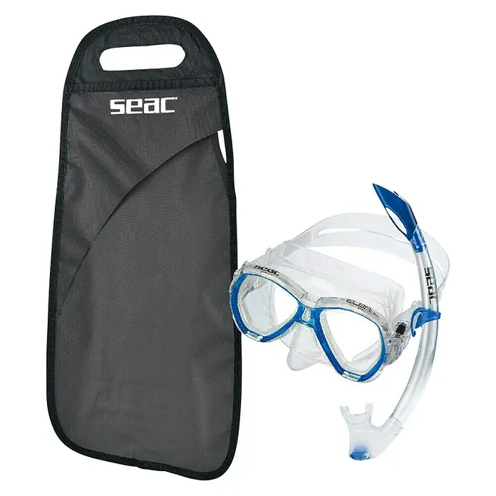 Seac Sub Set de buceo Elba Jr - Azul, Válvula de salida de agua - Máscara de buceo SEAC Elba con tubo y una práctica bolsa de almacenamiento.