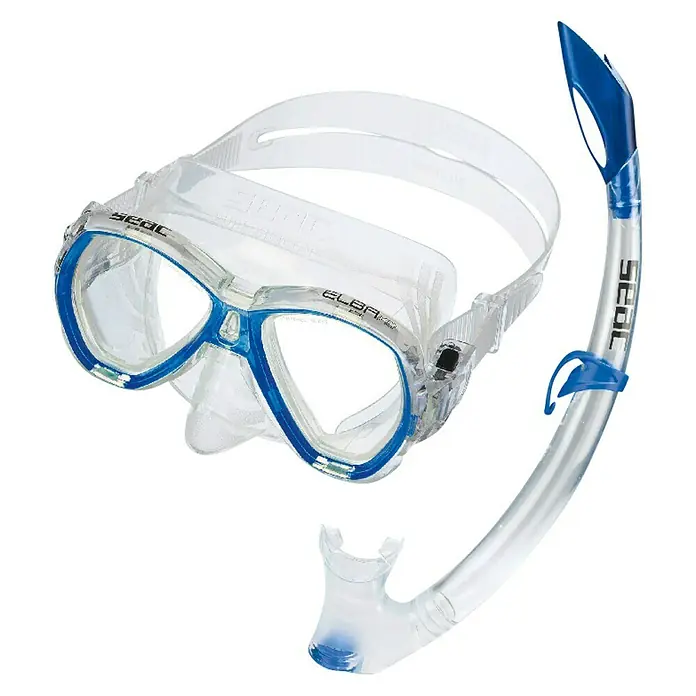 Seac Sub Set de buceo Elba Jr - Azul, Válvula de salida de agua - Imagen de una máscara de buceo y un snorkel SEAC Elba transparentes con detalles azules, perfectos para la exploración submarina.