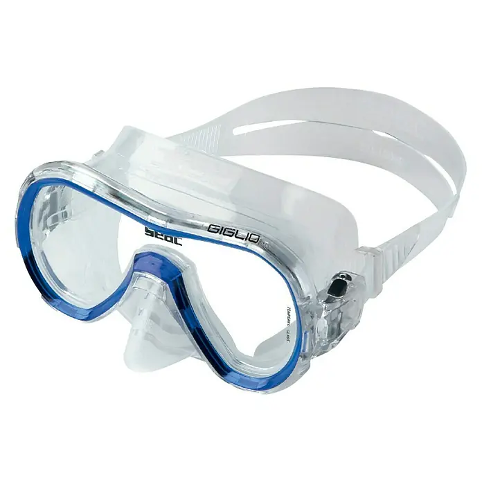 Seac Sub Set de buceo Giglio Jr - Azul, Válvula de salida de agua - Diseño claro: la máscara de buceo SEAC Giglio con montura transparente y detalles azules ofrece comodidad y una visión submarina clara.