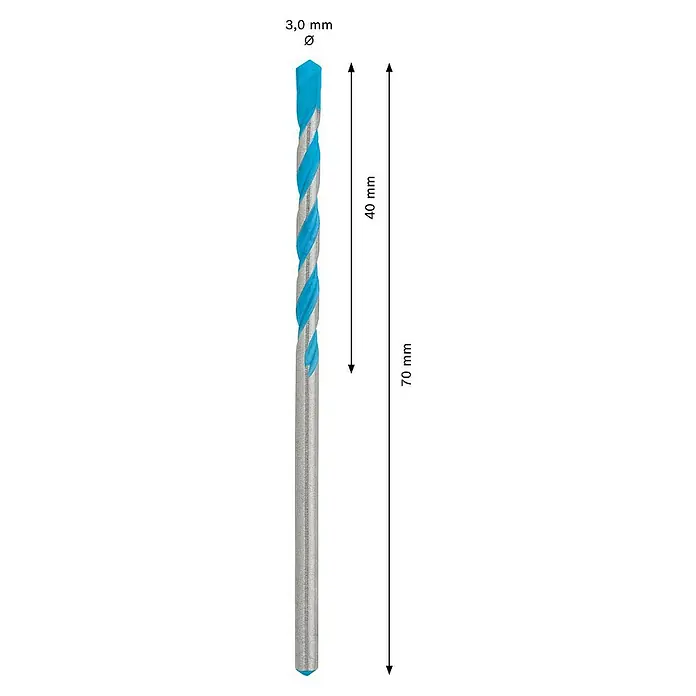 Bosch Broca universal CYL-9 MultiConstruction - Diámetro de la broca: 3 mm, Longitud de trabajo: 40 mm, 1 ud. - La imagen muestra una broca helicoidal de 3,0 mm, mostrando la longitud total de 70 mm y una longitud de hélice de 40 mm.