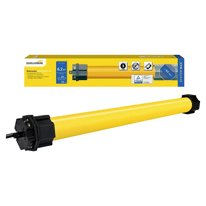 Schellenberg Motor tubular Maxi Standard - Superficie de persiana enrollable máx.: 6,2 m² para persianas de plástico, Longitud de instalación: 500 mm, Fuerza de tracción: 25 kg - La imagen muestra un motor tubular Schellenberg Standard 15, adecuado para persianas enrollables de hasta 6,2 m². Accesorios de montaje incluidos.